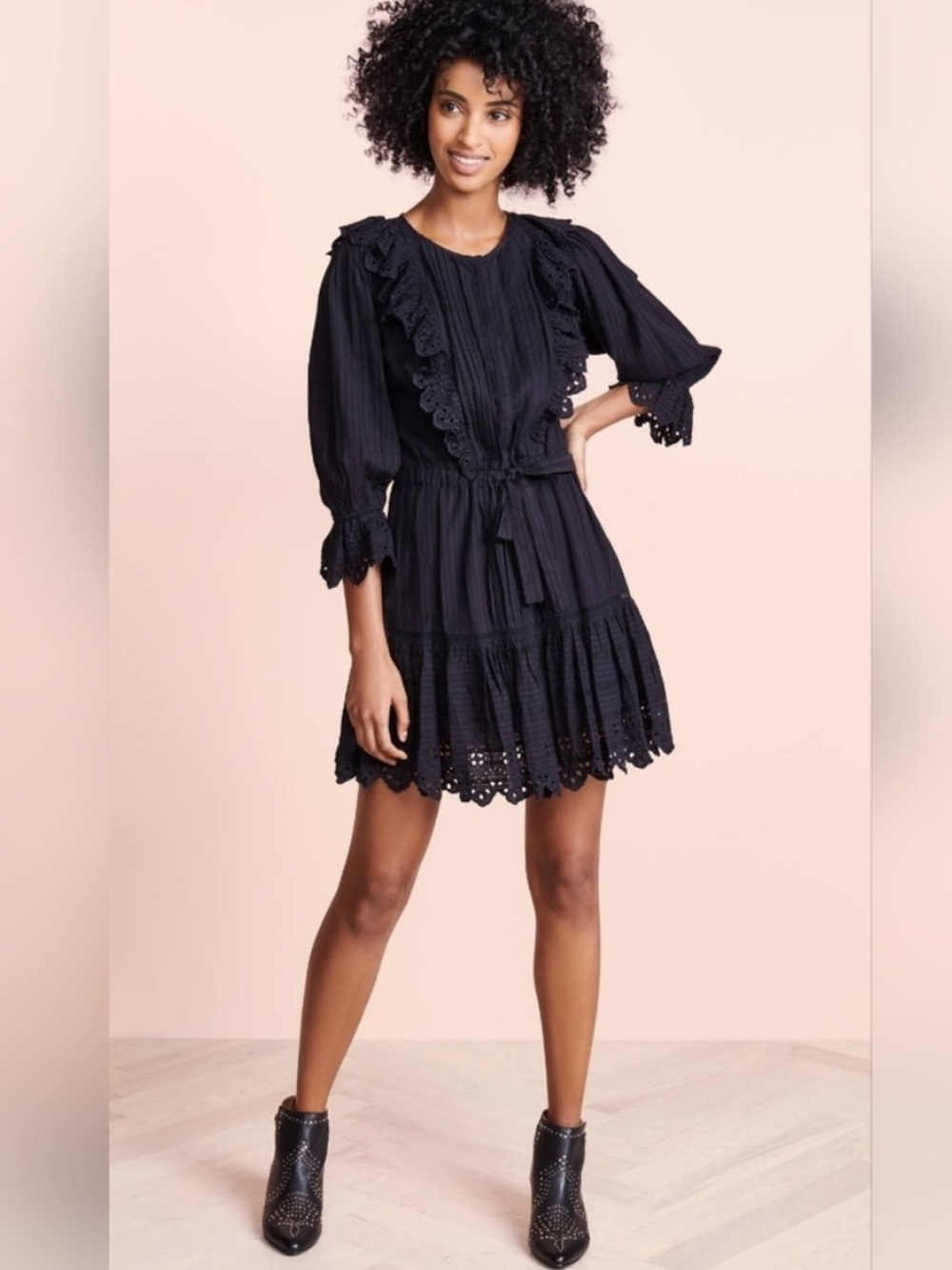 La Vie Rebecca Taylor ruffle eyelet dress black sz M